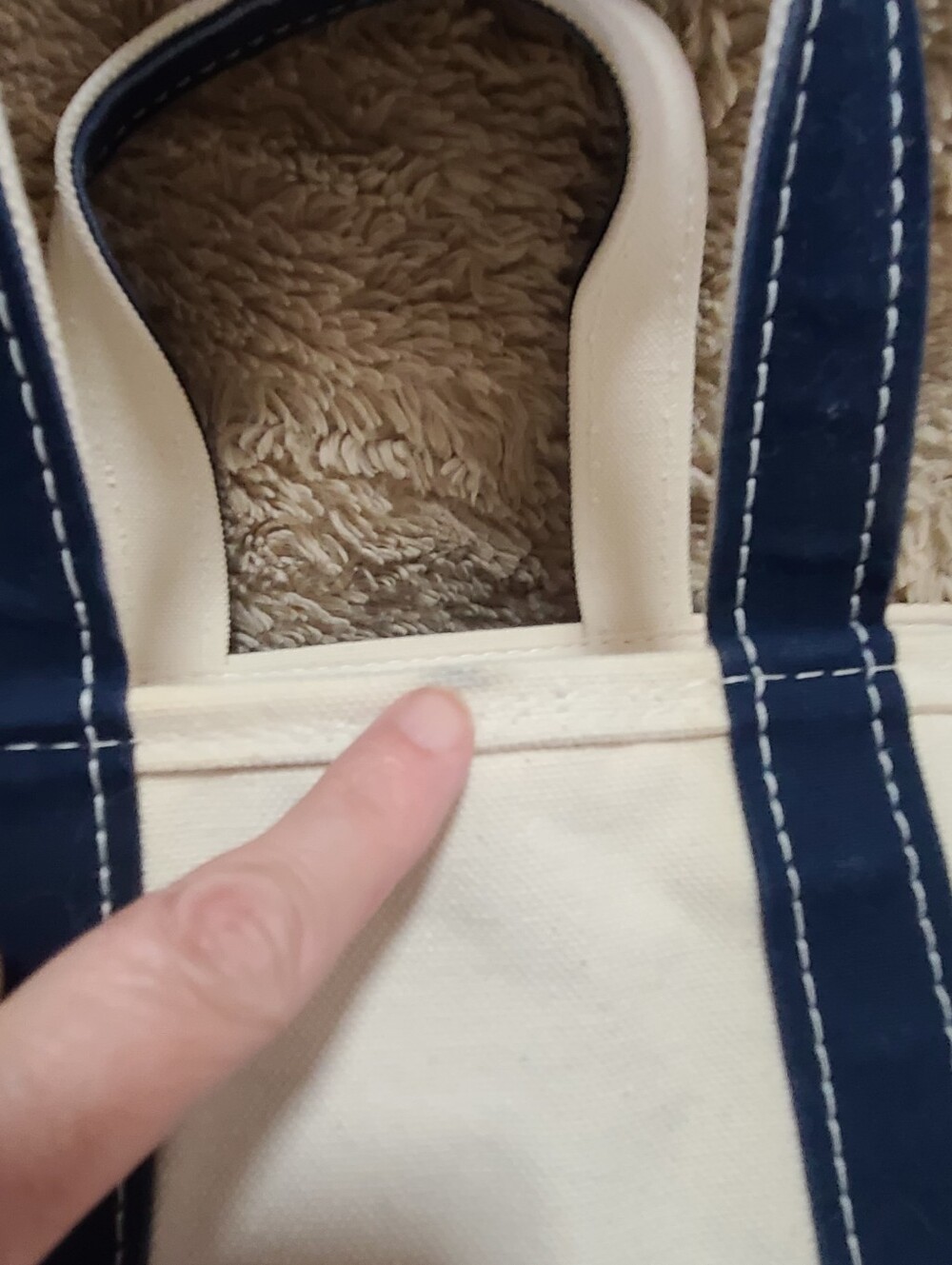 L.L. Bean Cream Canvas Boat Tote with Navy Stitching, Zip Close - Picture 5 of 9